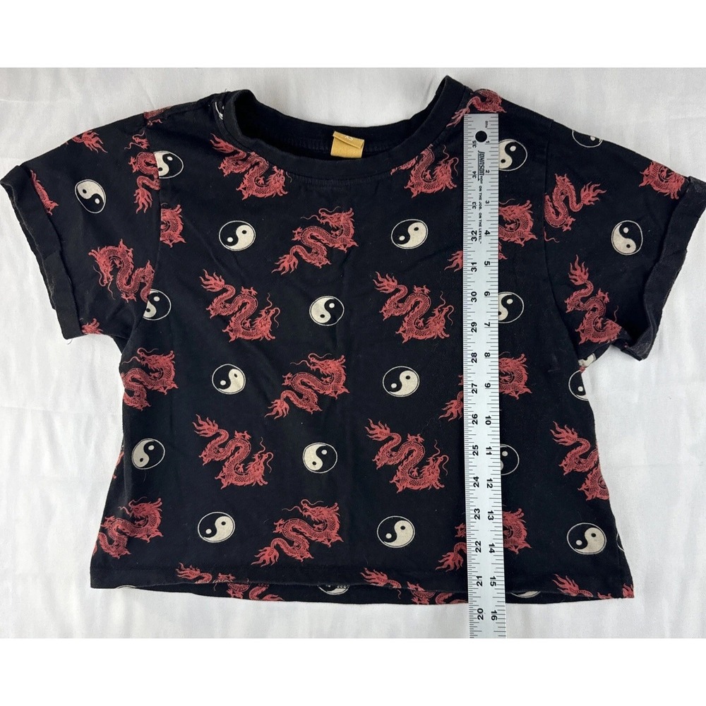 VTG Y2K Dragon Yin Yang Baby Tee Women's XS Black Graphic Crop T Shirt Goth